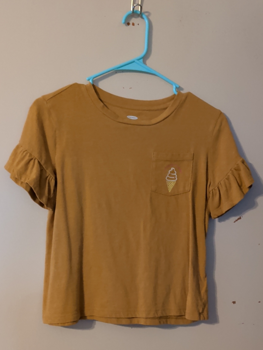 Old Navy Mustard Short Sleeve Ruffle Pocket Tee with Ice Cream Patch